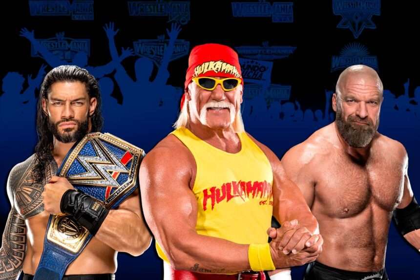 Hulk Hogan, Triple H y Roman Reigns, WrestleMania main eventers.