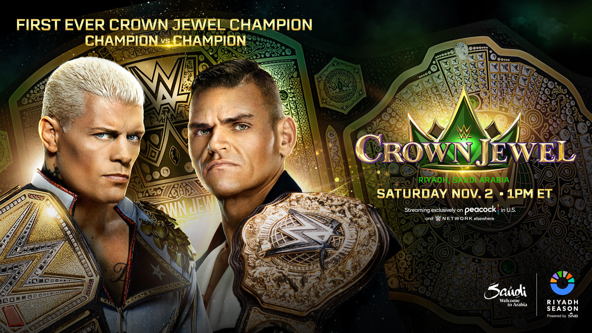 Cody Rhodes y Gunther buscarán la supremacía de WWE en Crown Jewel 2024