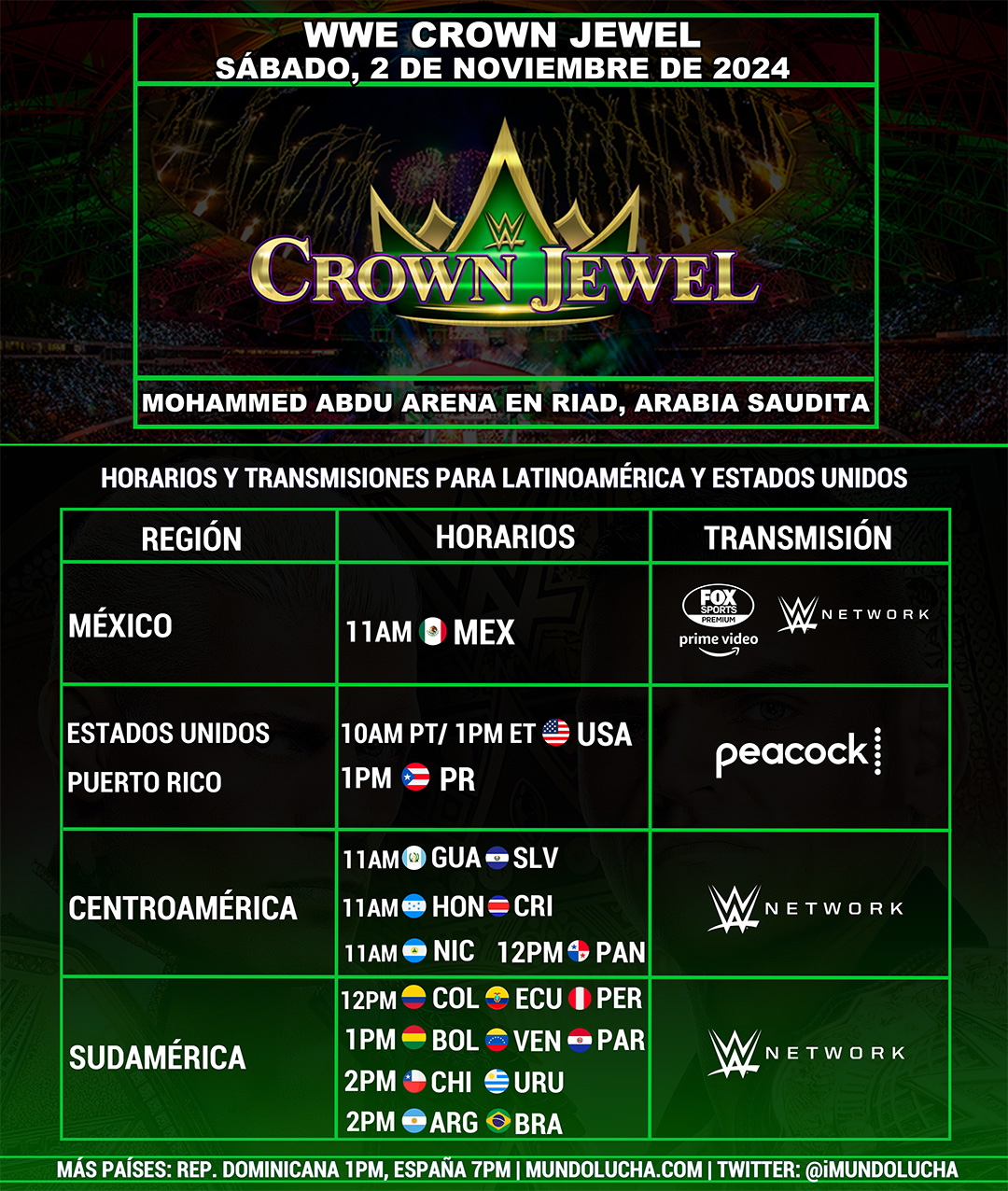 Horarios WWE Crown Jewel 2024 Latinoamérica